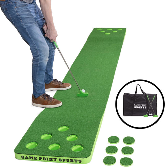 Game Point Putt-A-Pong Golf Pong Putting Game Set with 11’ Green Putting Mat, 2 Balls, 2 Putters, 12 Cup Caps, and Storage Bag