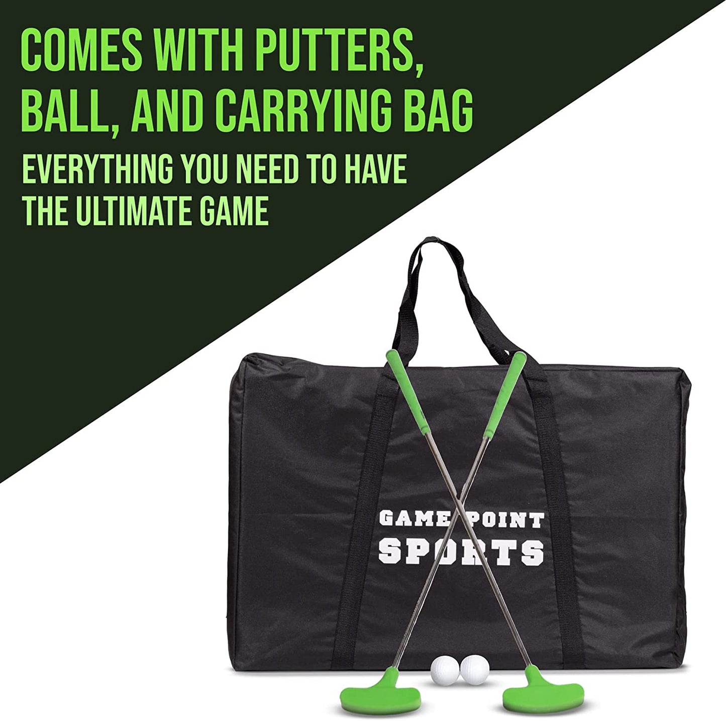 Game Point Putt-A-Pong Golf Pong Putting Game Set with 11’ Green Putting Mat, 2 Balls, 2 Putters, 12 Cup Caps, and Storage Bag