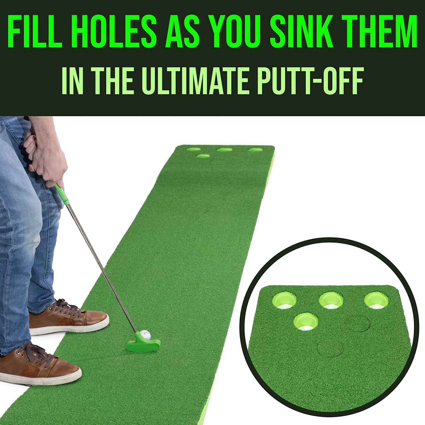 Game Point Putt-A-Pong Golf Pong Putting Game Set with 11’ Green Putting Mat, 2 Balls, 2 Putters, 12 Cup Caps, and Storage Bag