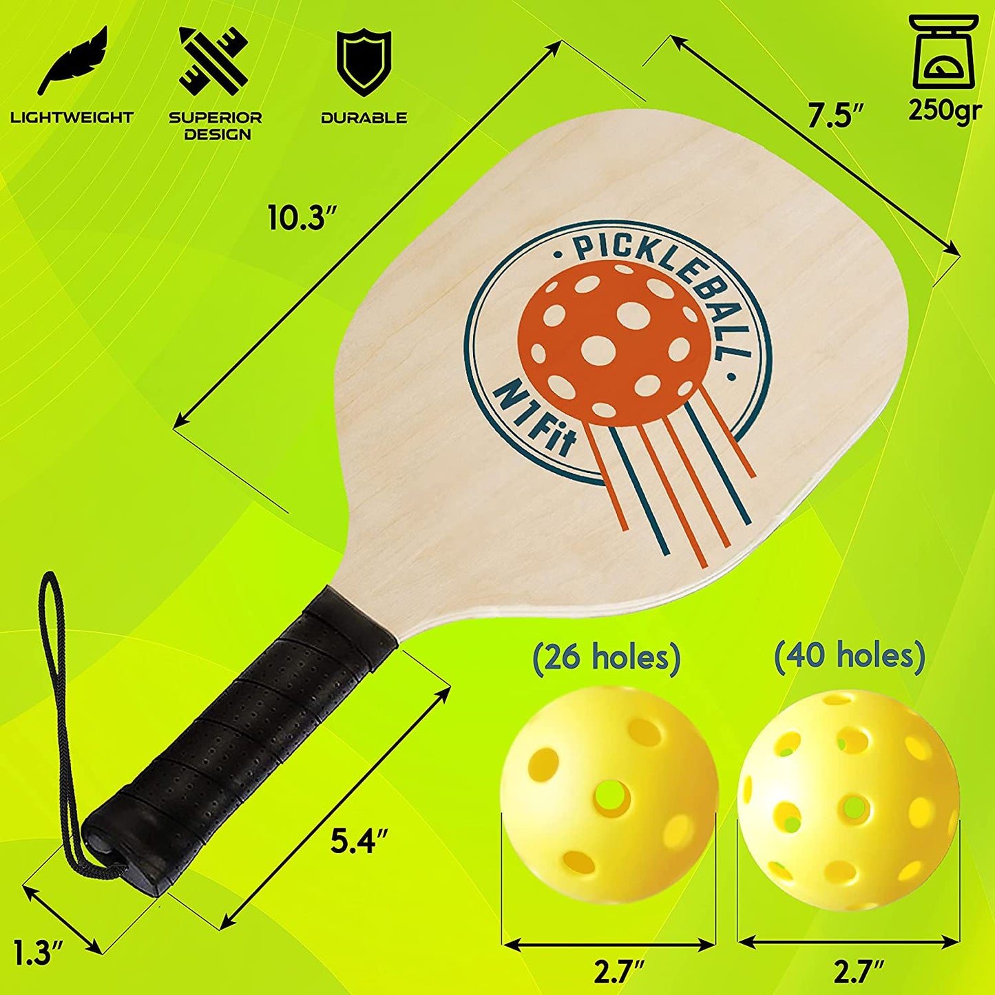 Pickleball Paddle 4 Pack, Wooden Pickleball Paddles, Pickleball Set with 1 Carry Bag and 6 Balls, 7-ply Basswood, Pickle Ball Raquette Set with Ergonomic Cushion Grip, Pickleball Rackets