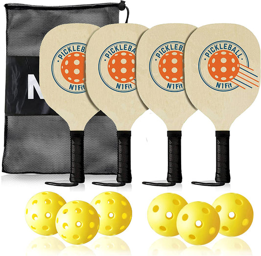 Pickleball Paddle 4 Pack, Wooden Pickleball Paddles, Pickleball Set with 1 Carry Bag and 6 Balls, 7-ply Basswood, Pickle Ball Raquette Set with Ergonomic Cushion Grip, Pickleball Rackets