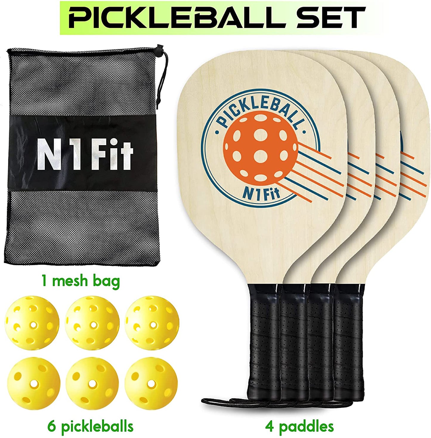 Pickleball Paddle 4 Pack, Wooden Pickleball Paddles, Pickleball Set with 1 Carry Bag and 6 Balls, 7-ply Basswood, Pickle Ball Raquette Set with Ergonomic Cushion Grip, Pickleball Rackets