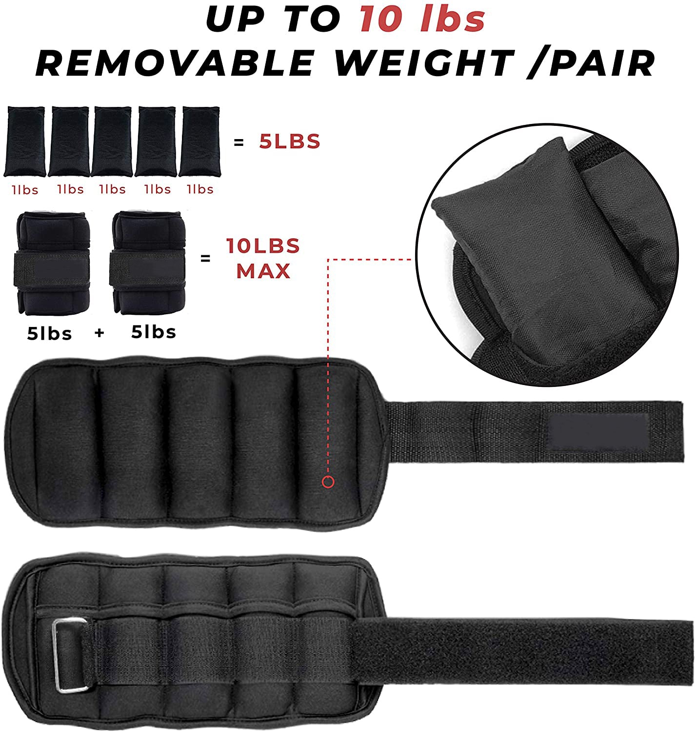 Ankle Weights Adjustable 1-10 lbs Wrist Weight Straps for Fitness, Leg Weights Walking, Jogging, Workout Ankle Weights for Women | 1-5 lbs Each Pack, 2 Pack